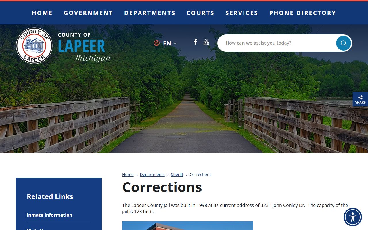 Lapeer County Jail corrections page for inmate population and facility information