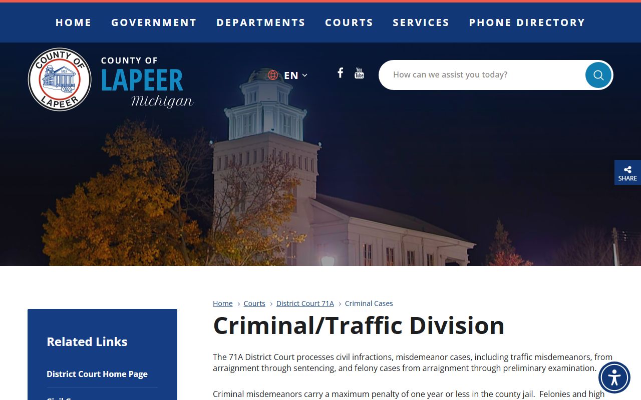 Lapeer County court records after arrest District Court criminal cases page