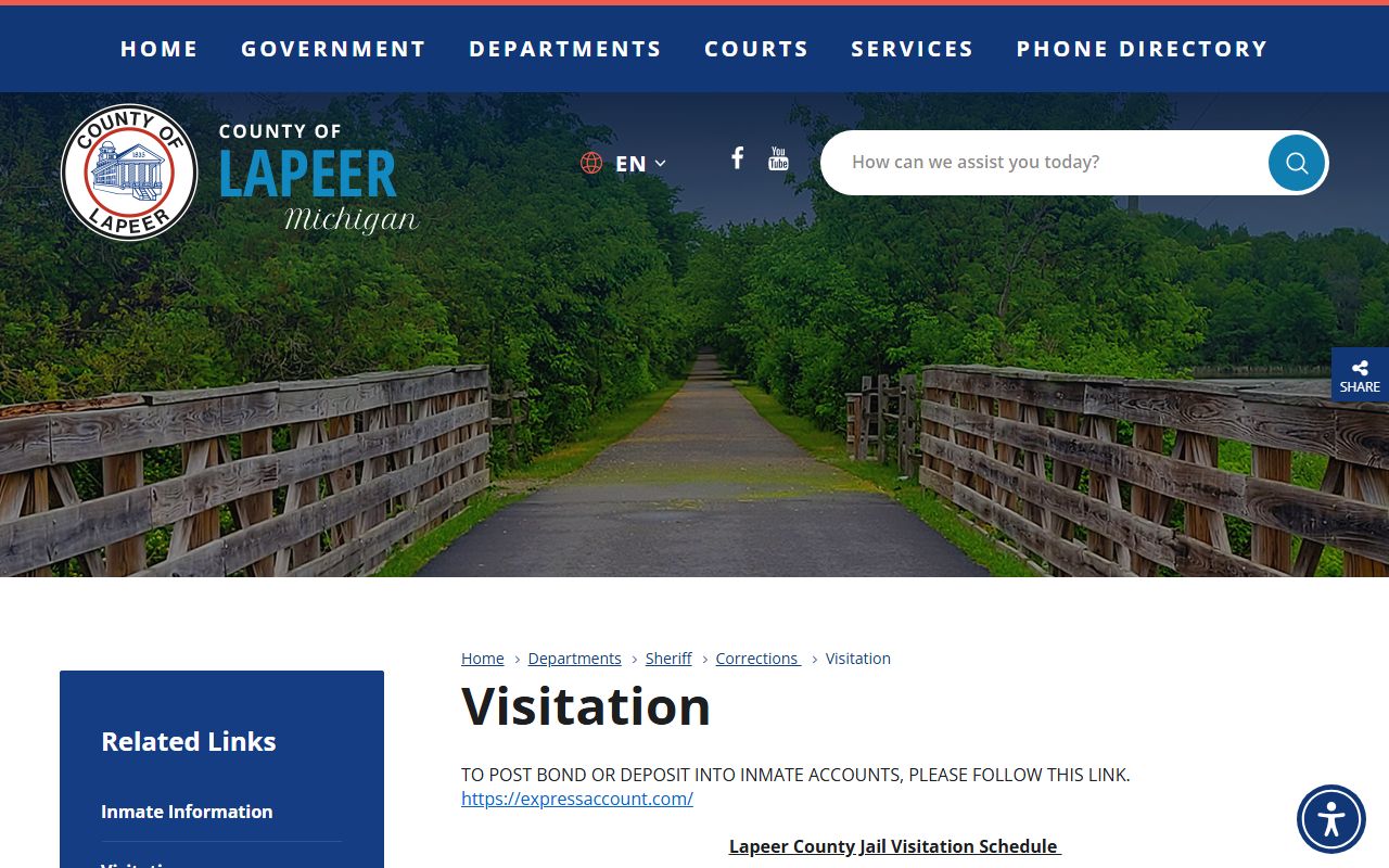 Lapeer County Jail visitation schedule for inmate visits