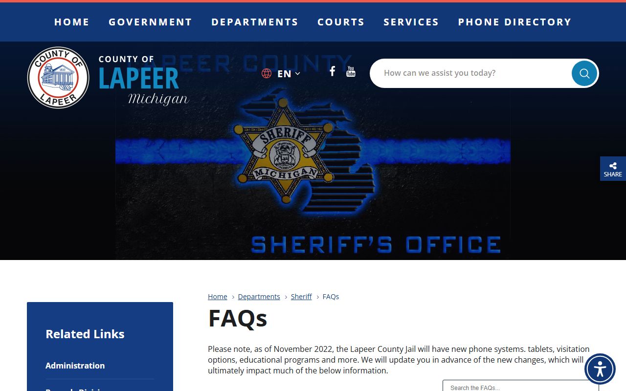 Lapeer County inmate population sheriff FAQ with jail information phone extensions